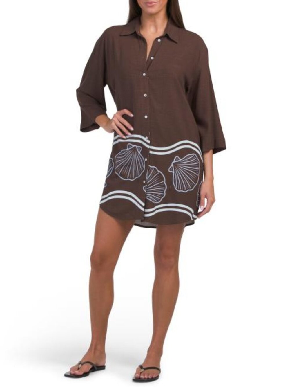 LABEL OF LOVE Linen Blend Seashells Relaxed Cover-up Shirt Dress